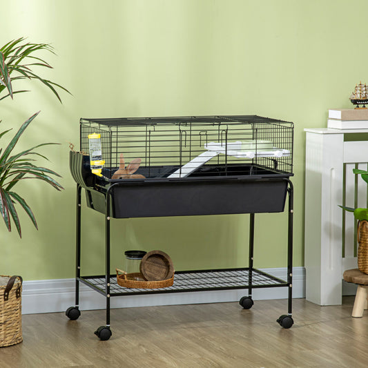 Two-Story Small Animal Cage Removable from Stand, Pet Habitat with Shelf & Wheels, 33" x 18.5" x 35", Charcoal Gray