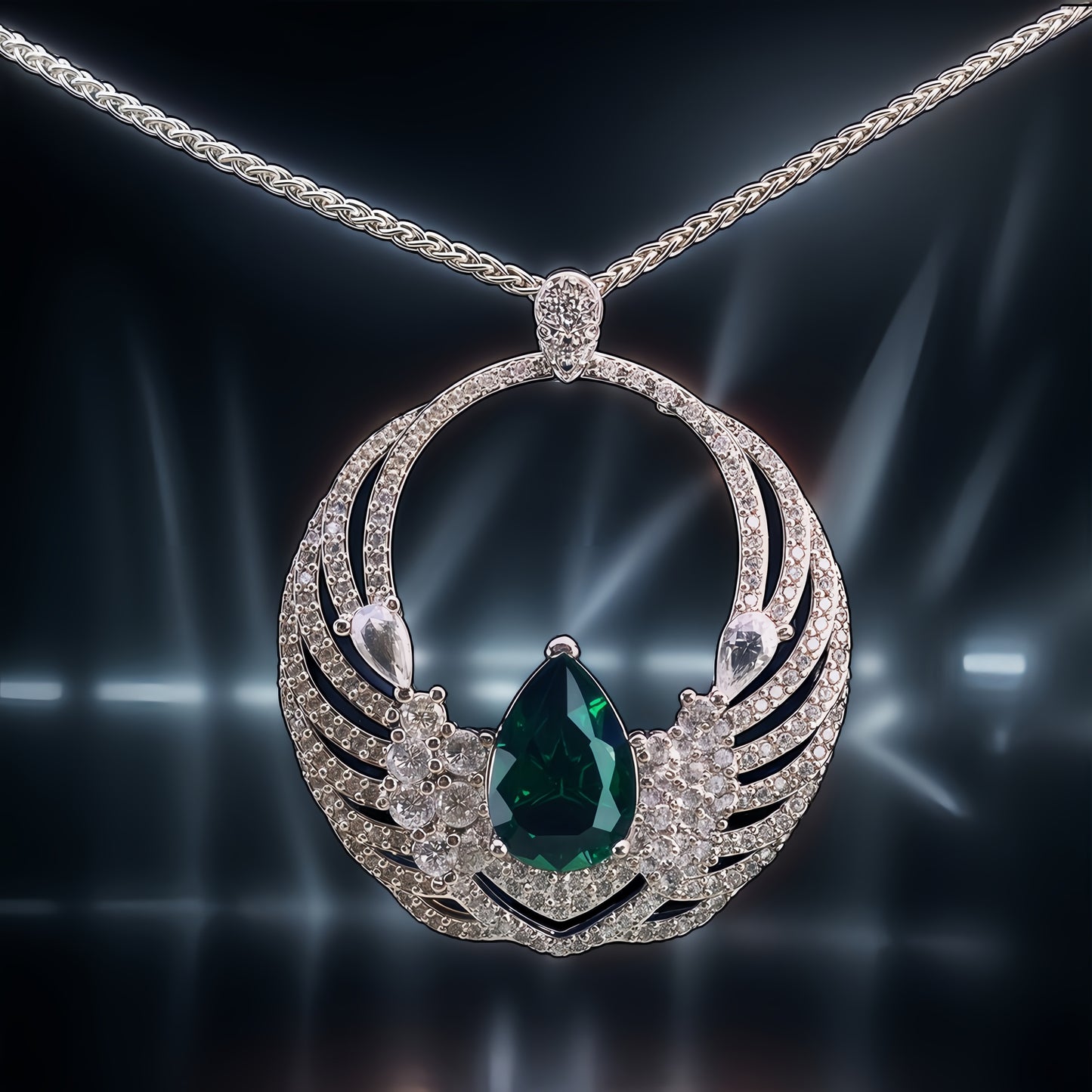 Pear Cut Simulated Emerald Wing Circle Pendant Necklace For Women, Copper Plated Silver Full Pave White Cubic Zirconia Luxury Angel Wing Wedding Bridal Statement Jewelry Gift