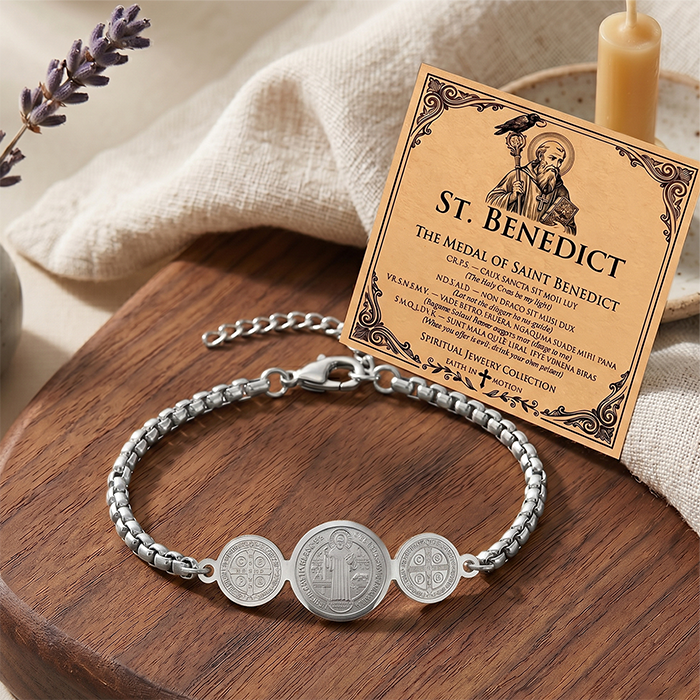 St. Benedict Medal Protection Bracelet With Message Card - 18K Gold Plated Stainless Steel Box Chain Religious Blessing Jewelry Gift For Men Women