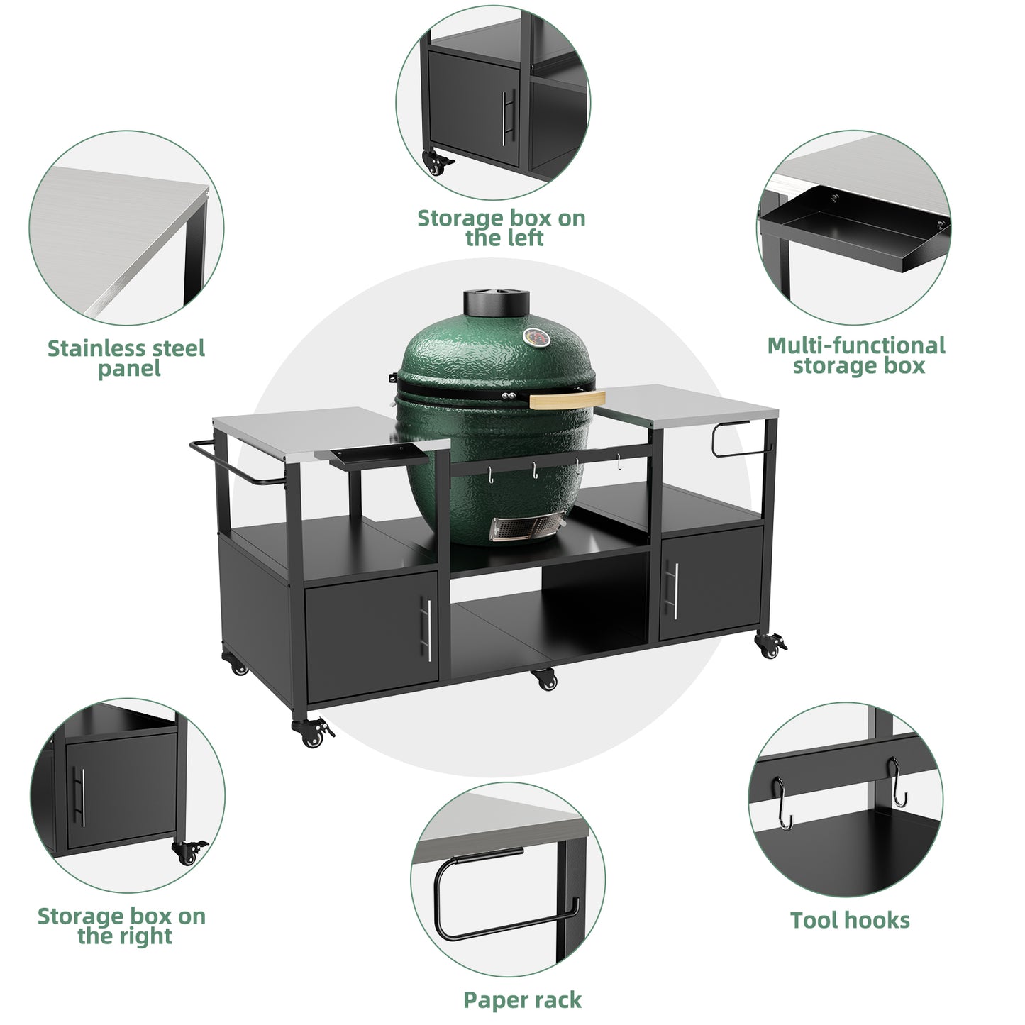 Outdoor Grill Table For Big Green Egg Style BBQ, Metal Grill Cart With Storage Box, Compatible With Up To Large Green Egg, Kamado Joe Jr