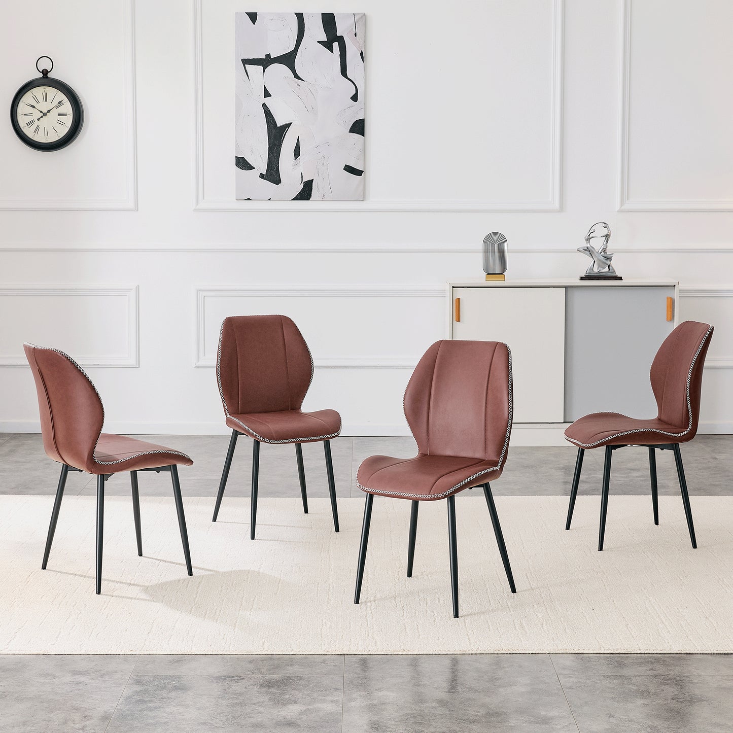 4-Pack Reddish-brown Light Luxury Household PU Leather Dining Chairs. Multiple Colors Available, With Black Metal Legs And Adjustable Feet, Suitable For Dining Room, Study & Office ,etc.