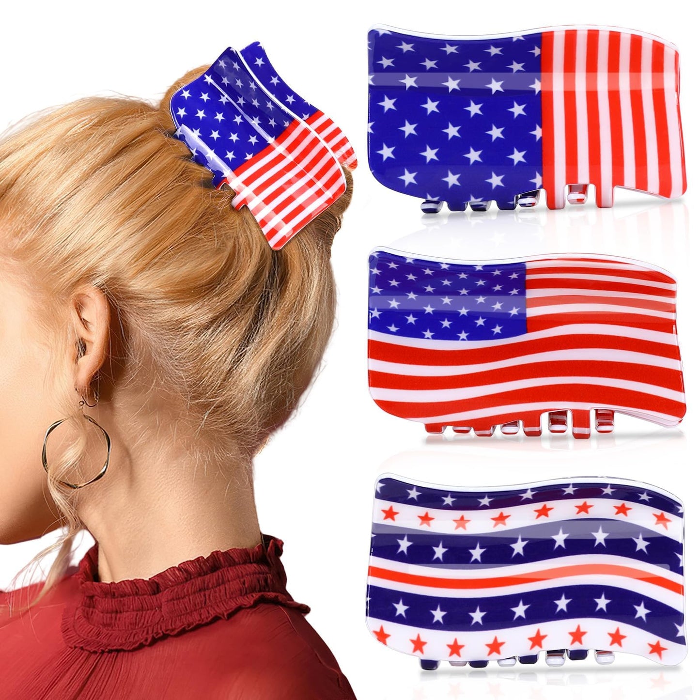 3Pcs American Flag Shaped Claw Clips USA Patriotic 4th Of July Design Hair Accessories Red White And Blue Hair Clips For Independence Day Veterans' Day Clearance