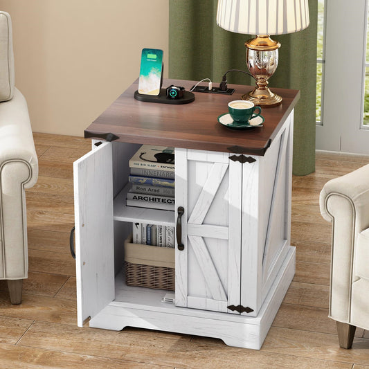 ON-TREND Farmhouse End Table With Charging Station, Rustic Wood Nightstand With Adjustable Shelf, 19.6W Versatile Walnut Sofa Side Table With Barn Doors & Retro Hinges For Bedroom, Living Room, White