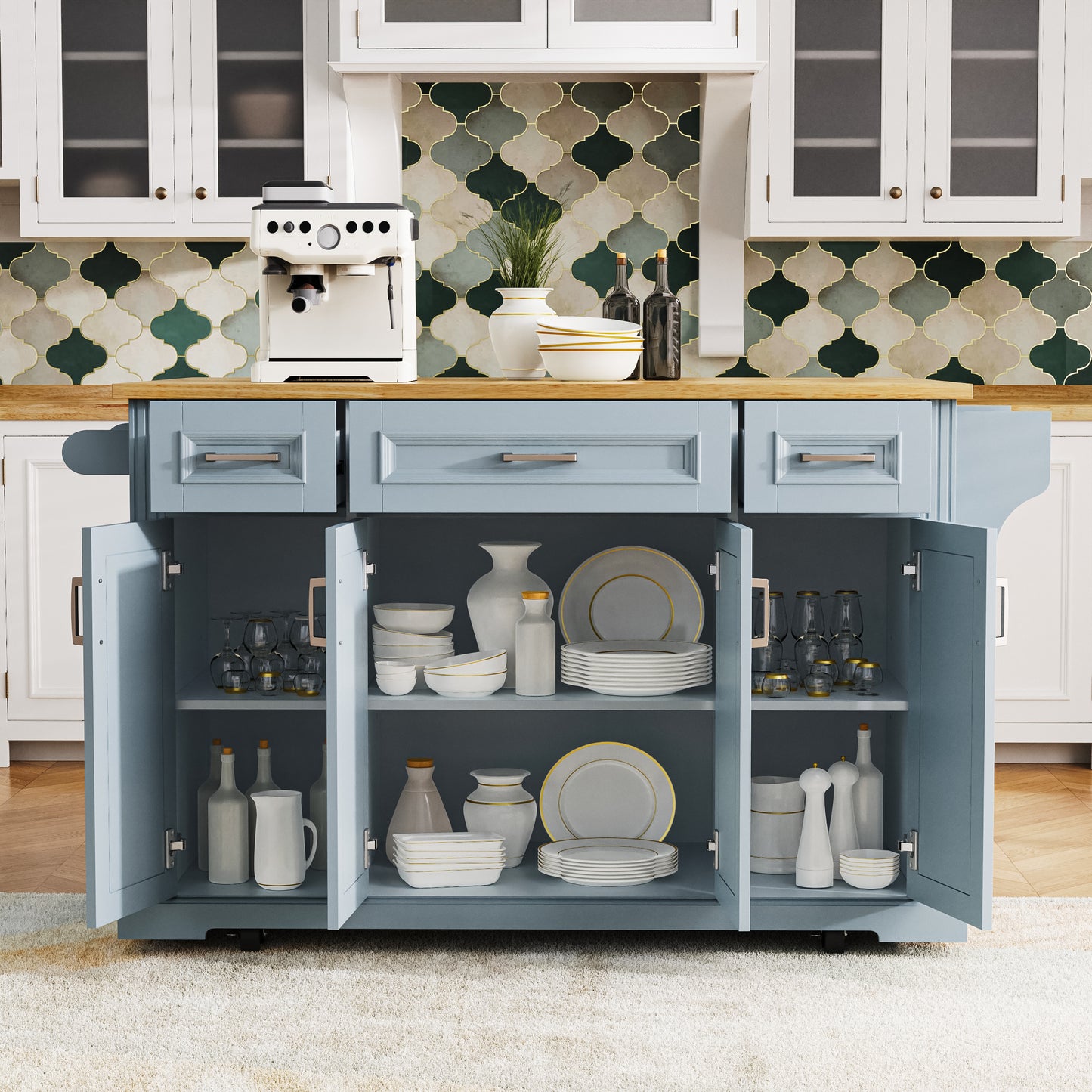 K&K 54inch Large Kitchen Island With Rubber Wood Drop Leaf, Embossed Texture Rolling Kitchen Cart On 4 Wheels With 4 Doors And 3 Drawers, Kitchen Island With Storage For Kitchen, Dining Room,Grey Blue