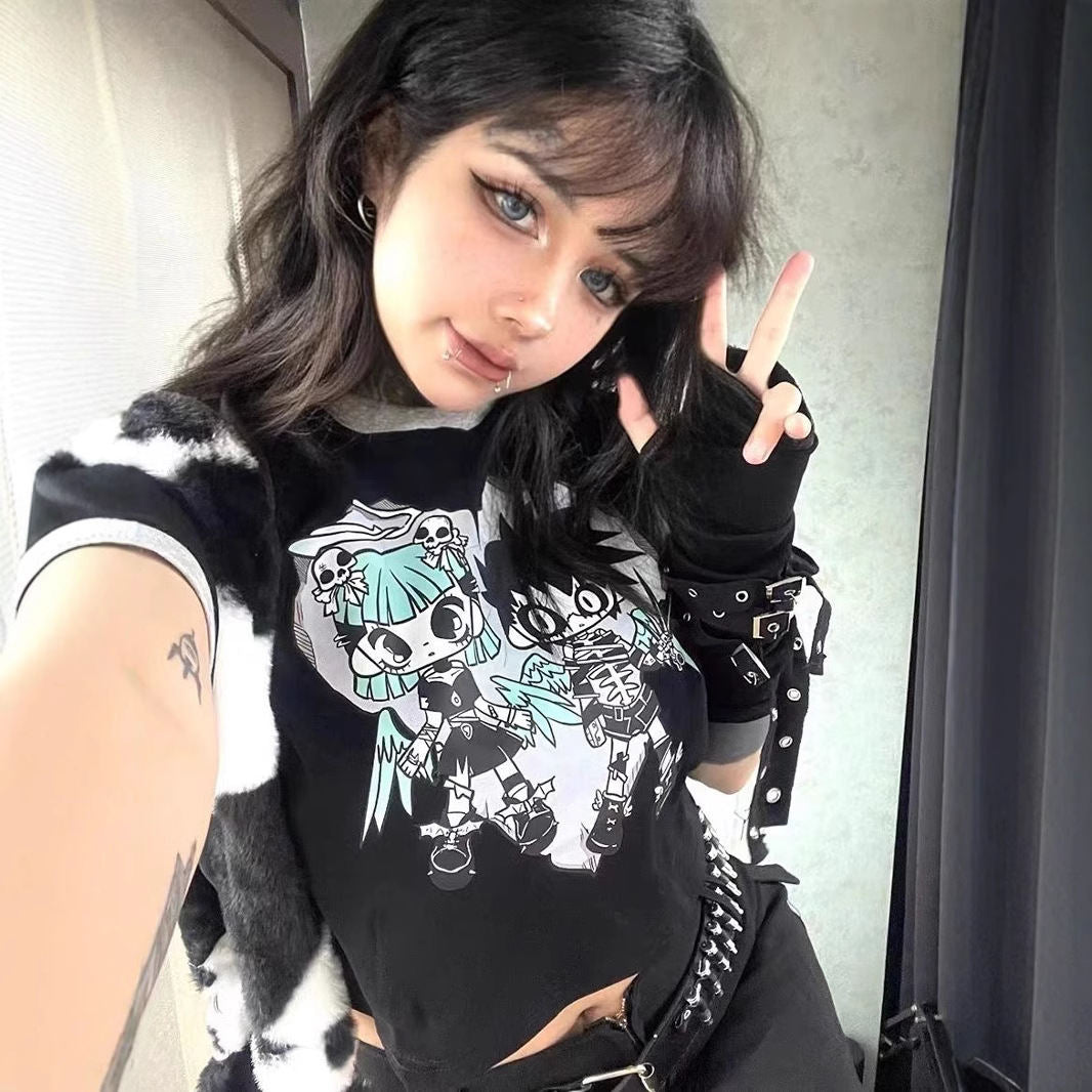 New Seasonal Patchwork Short-sleeve Street-style Cropped Top For Sassy Girls