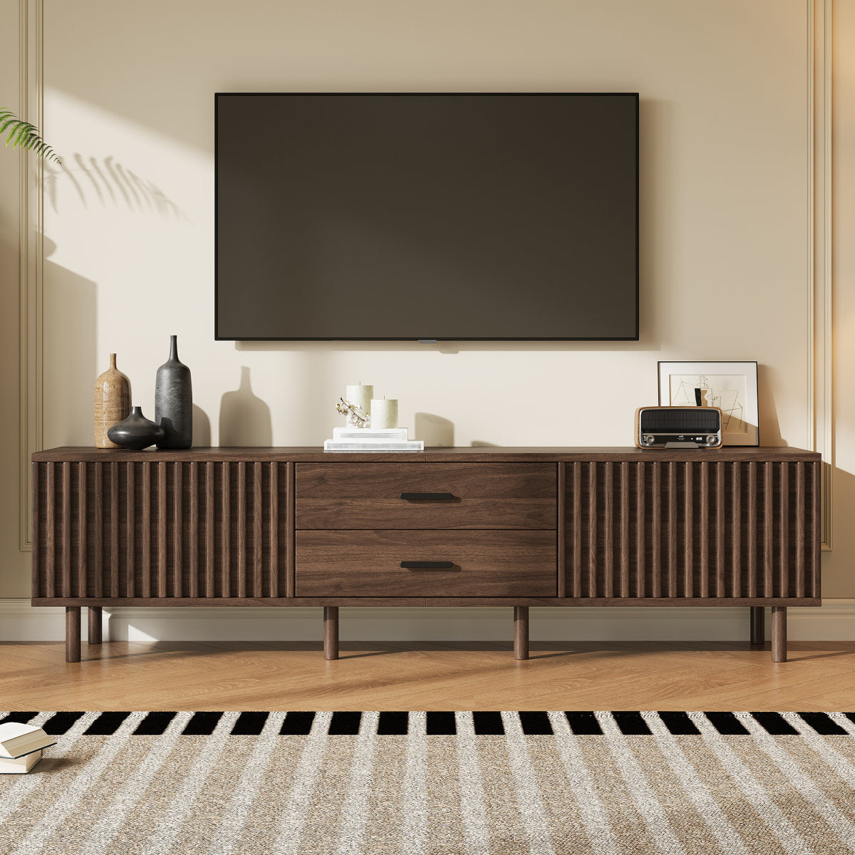 70inch Modern TV Stand for TVs up to 80 inches for Living Room, Media Entertainment Center with Ample Storage & Solid-Wood Legs