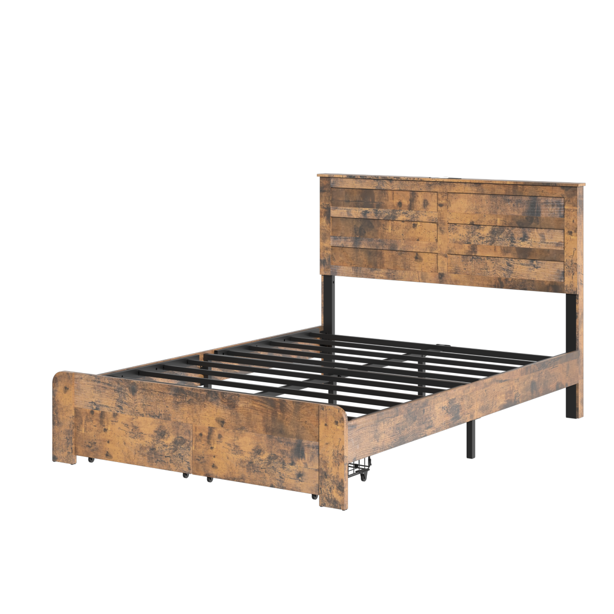 Full Rustic Bed Frame With LED Headboard, Charging Station & Drawers, Dark Brown