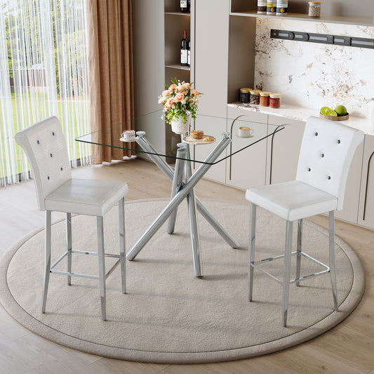 Modern Glass Bar Table And Fixed-Height Bar Stools Set Of 2, Contemporary Counter Height Pub Table With Chrome Legs, White PU Leather Bar Chairs For Kitchen Island, Home Bar, Small Space  3 Packages