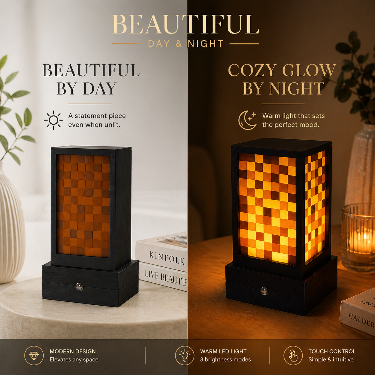 3D Printed Pixel Lamp, Rechargeable Touch Night Light, 3 Brightness Modes, Warm Ambient Desk Lamp, Bedside Decor Gift