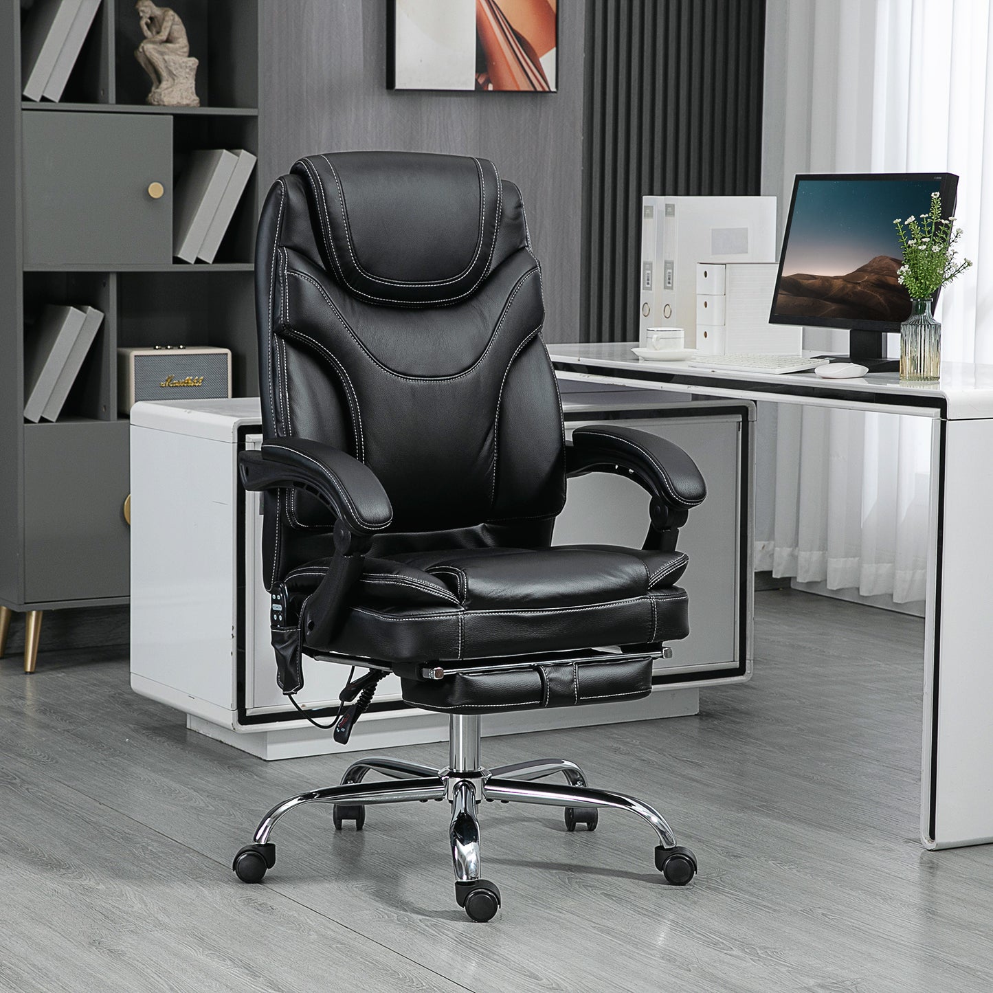 6 Point Vibration Massage Office Chair, PU Leather Heated Reclining Computer Chair with Footrest, Black