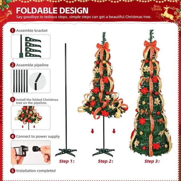 6 FT Fully Decorated Pre-lit Christmas Tree, Pop Up Artificial Xmas Tree With 150 Warm Lights Battery Operated And Red & Golden Ornaments For Home Office Store Holiday Deco