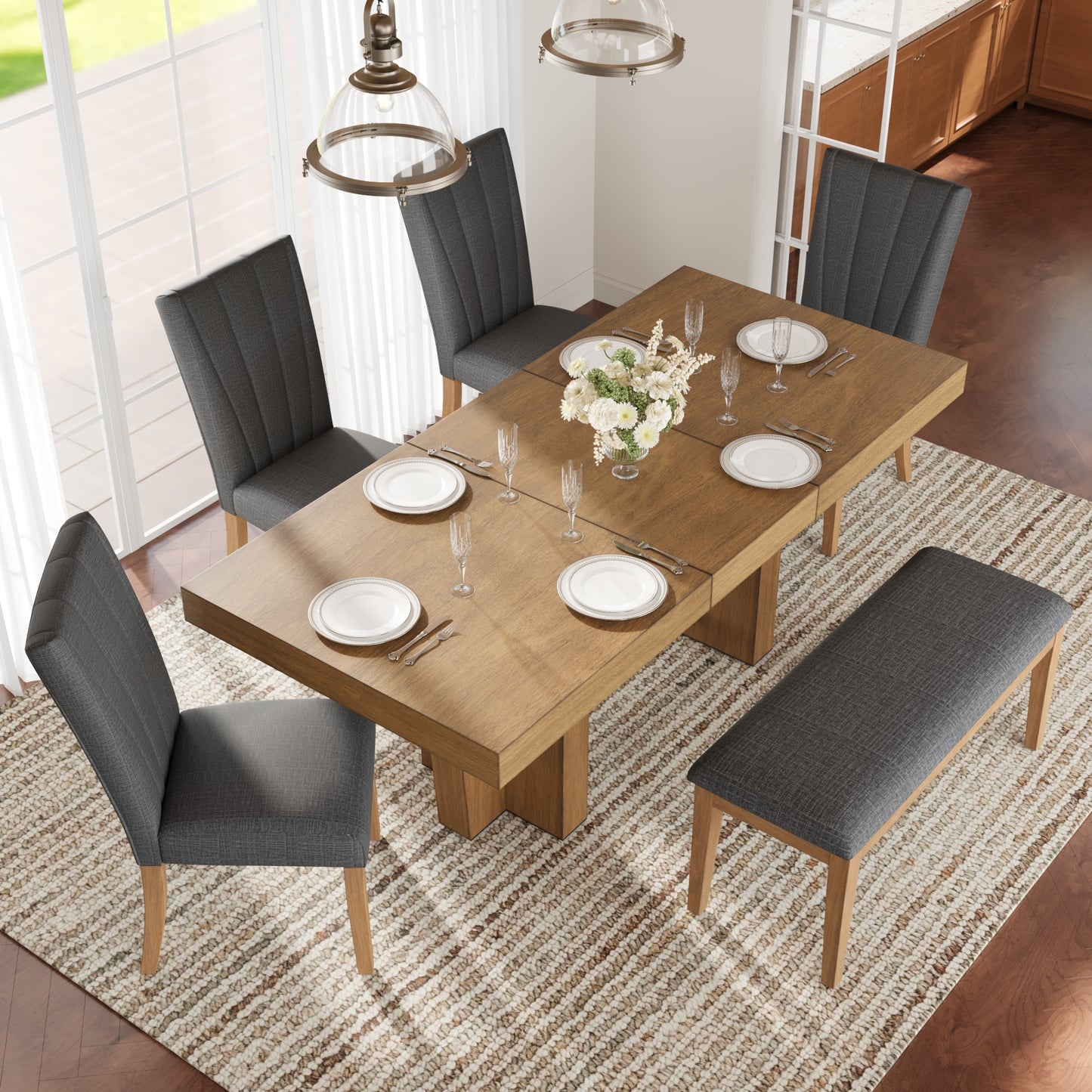 TOPMAX Farmhouse 78.1inch Extendable Wood Dining Table Set For 6, Kitchen Table Set With Bench And 4 Upholstered Chairs,3.8inch Thick Tabletop And Trestle Legs For Kitchen, Dining Room, Brown Gray