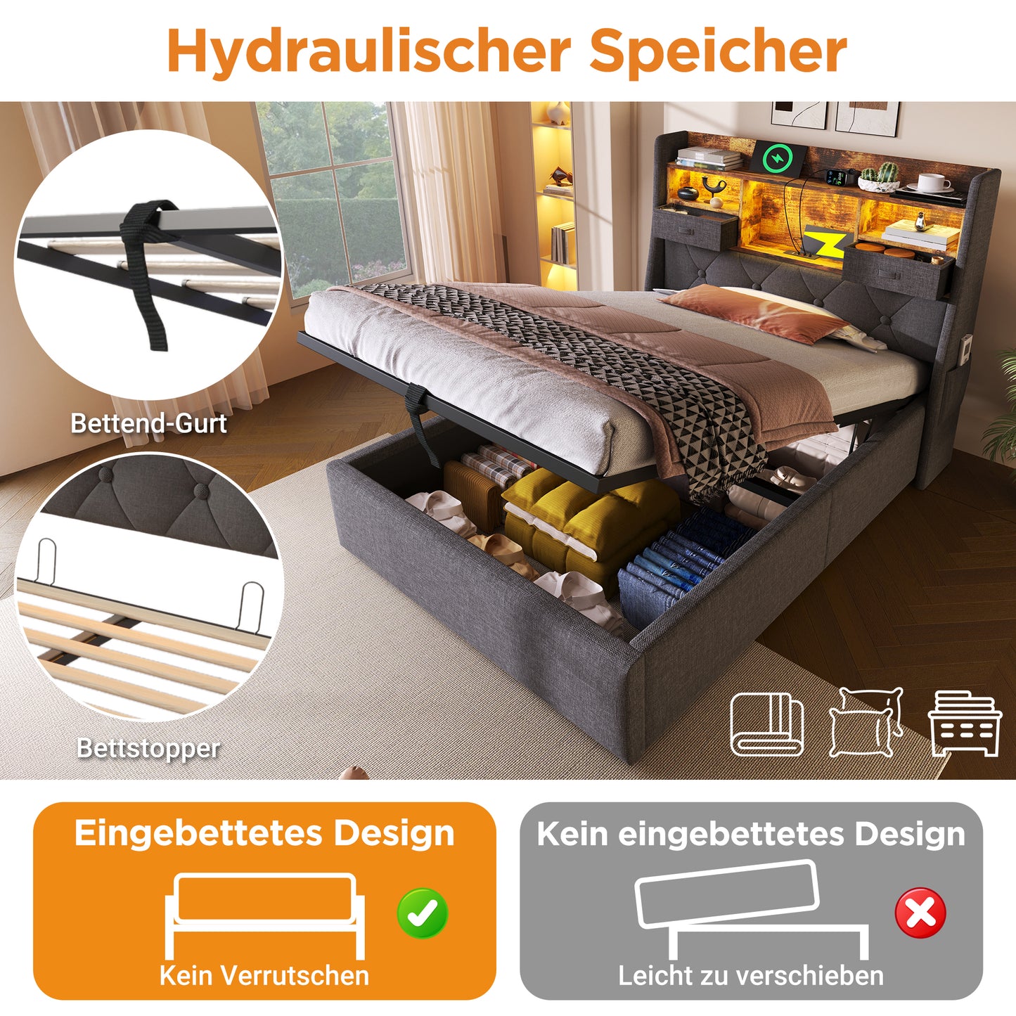 Upholstered Bed 90x200 Cm With Hydraulic Storage & LED Headboard, 4 Charging Stations  USB Type-C , Single Bed Incl. Slatted Frame, Grey Linen Fabric  Without Mattress