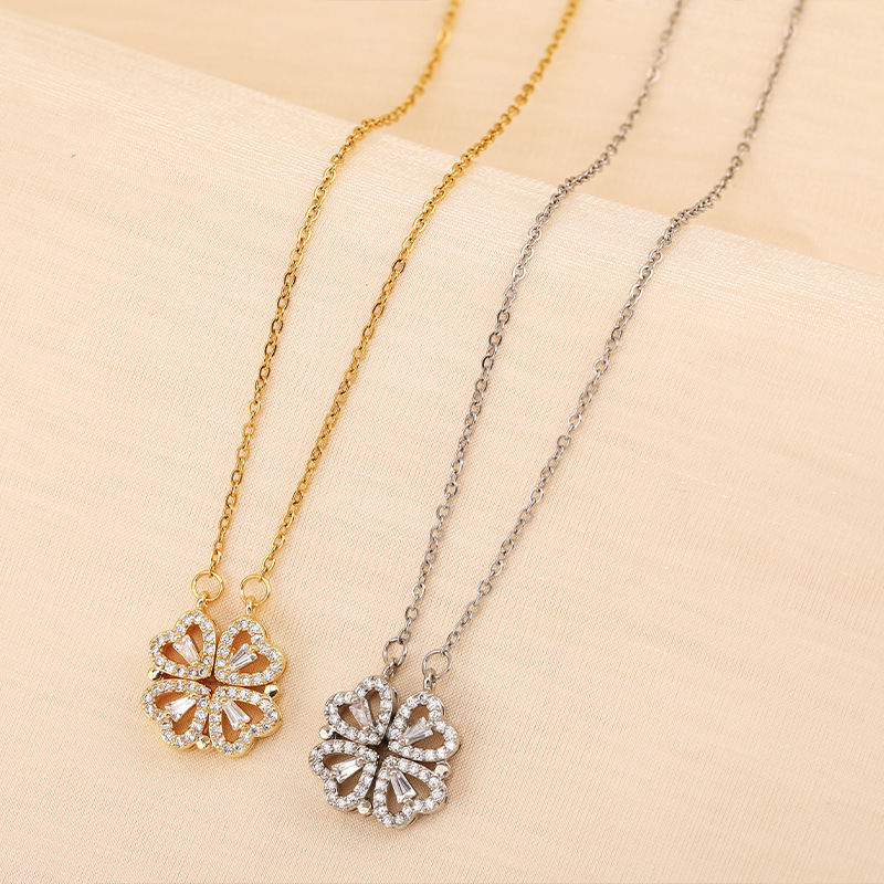 Sujue 2 In 1 Convertible Clover Heart Necklace For Women, Magnetic Foldable Four Leaf Clover Pendant, Creative Heart Collarbone Chain, Fashion Lucky Jewelry Gift
