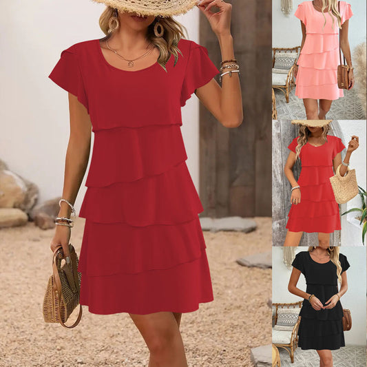 Summer Fashion Cake Dress, Elegant Loose Slimming Round Neck Flutter Sleeve Women Dress
