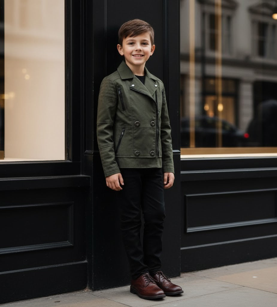 Boys Military Style Jacket Kids Cotton Coat Green Black Smart Outerwear 4-9Y