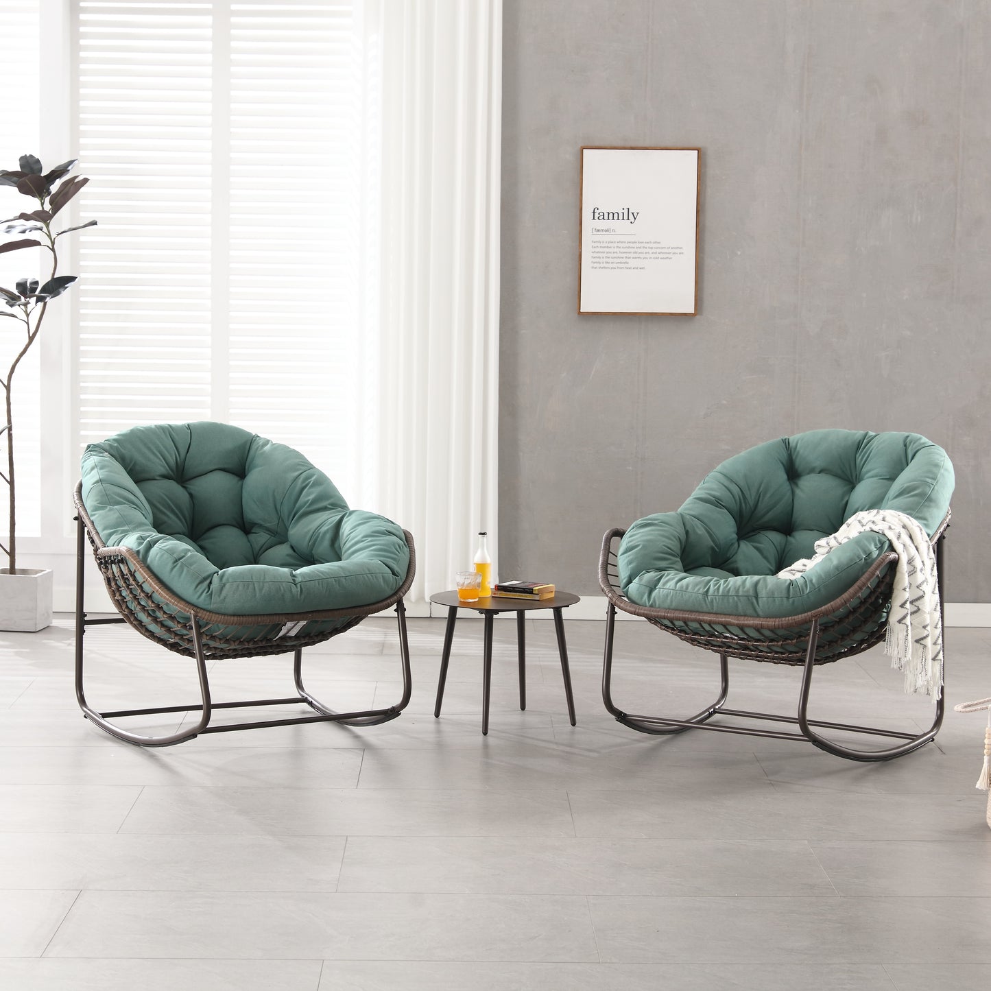 Outdoor Rocking Chair, Patio Oversized Wicker Egg Rocking Chair, Indoor & Outdoor Comfy Rocker Chair With Thick Cushion, Modern Lounge Chair For Balcony, Front Porch, Garden, Backyard, Light Green