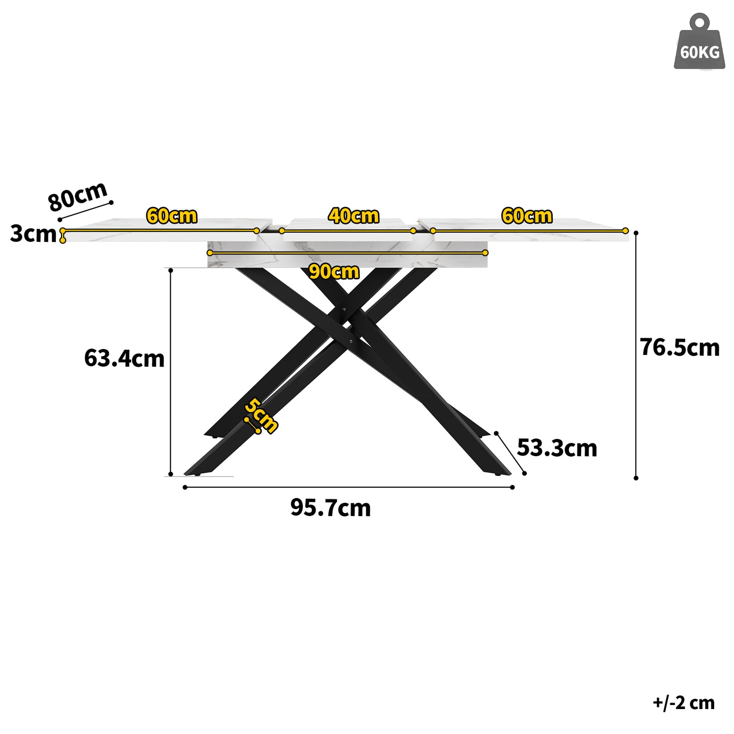 Telescopic Dining Table  120-160cm   ,Extendable Dining Table ,Space Saving Kitchen Table,Black Crossed Iron Legs,For Kitchen And Living Room,White Marbled Dining Table