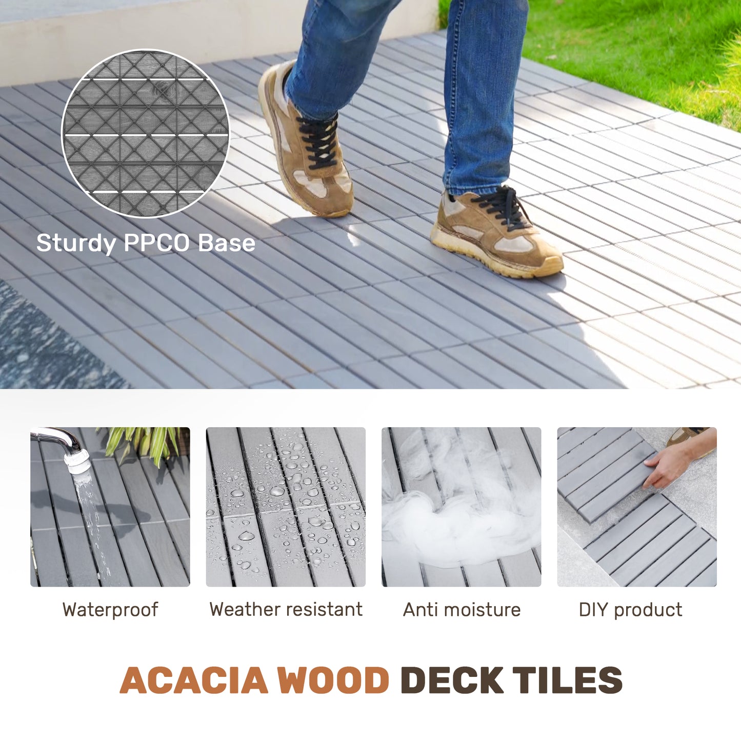 30 PCS Interlocking Deck Tiles Striped Pattern, 12  X 12  Square Light Gray Acacia Hardwood Outdoor Flooring For Patio, Bancony, Pool Side,...
