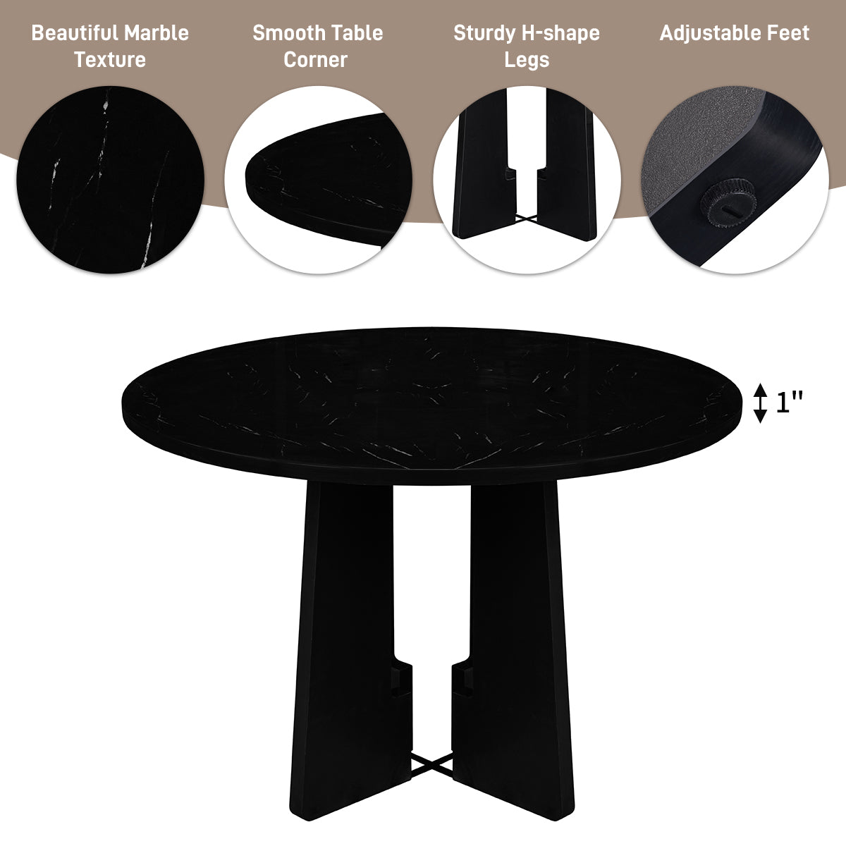 Round Dining Table For 4, 43-Inch Faux Marble Top, Mid-Century Modern Round Dining Table For Cafes, Restaurants, Bars, Home Offices And Conference Rooms  Black