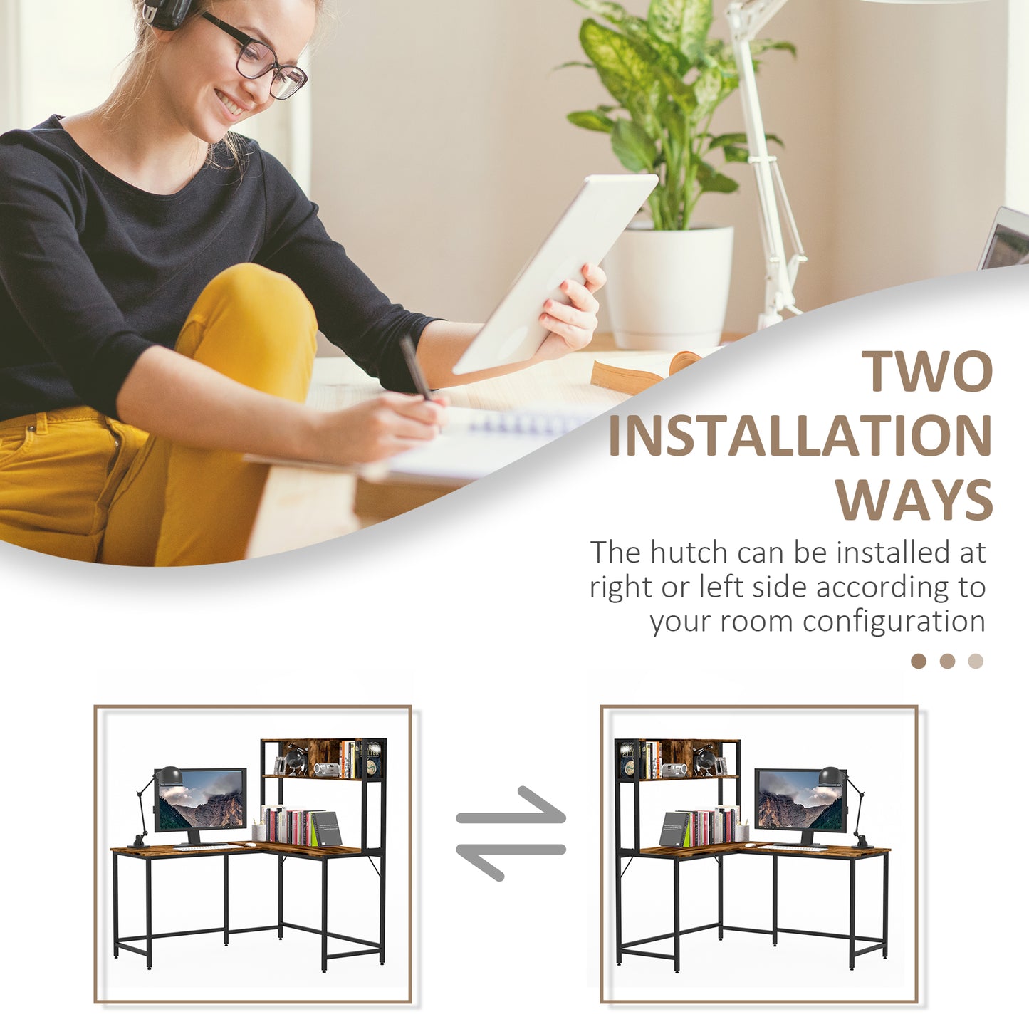 L Shaped Desk With Book Shelf, Industrial Corner Computer Desk, Writing Table With Steel Frame For Home Office, Bedroom, Study Room, 140 X 125cm, Brown