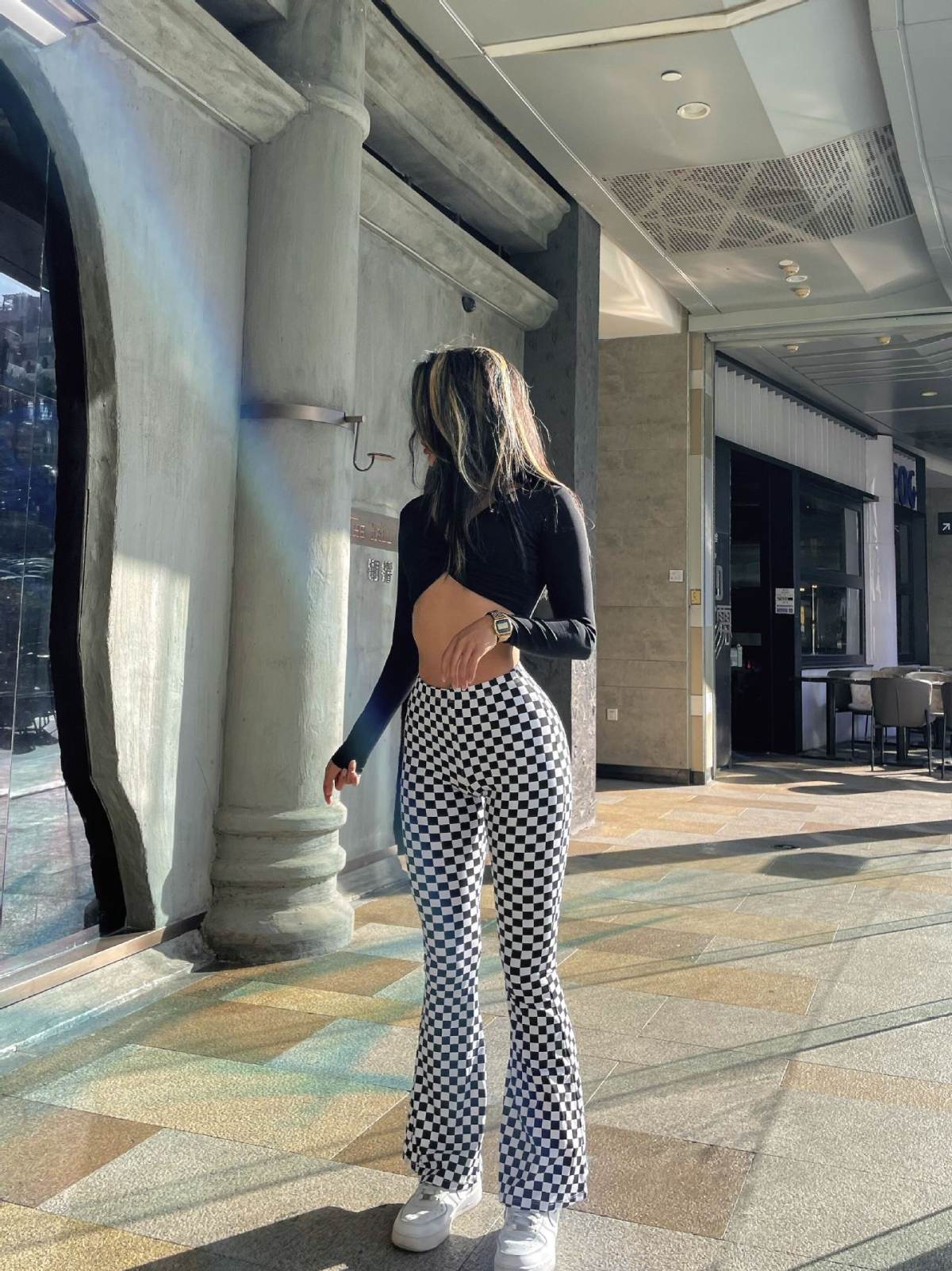 Chessboard Plaid Bell-bottom Pants Female Fitness Yoga Wear