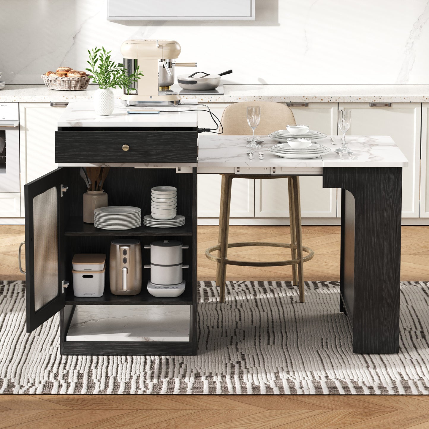 K&K 59.5   Kitchen Island With Extendable Dining Table, Kitchen Storage Table With Double-sided Storage, Kitchen Island With 2 Drawers, Power Outlet, Side Open Shelves, For Kitchen, Dining Room, Black