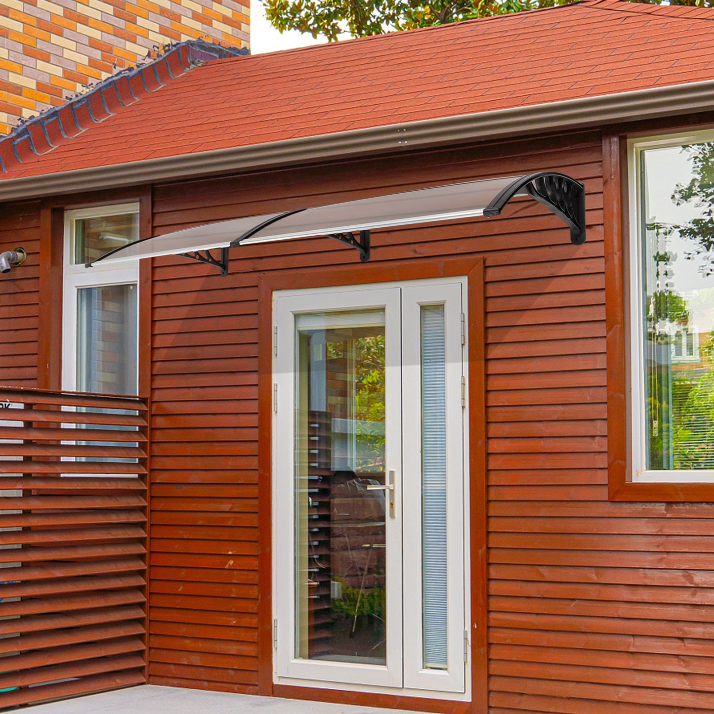 80x38in Door Window Awning With Brown Polycarbonate Panel & Black Bracket, Outdoor Rain Snow Sun Shade Cover, Durable 10-Year Lifespan, Easy Install