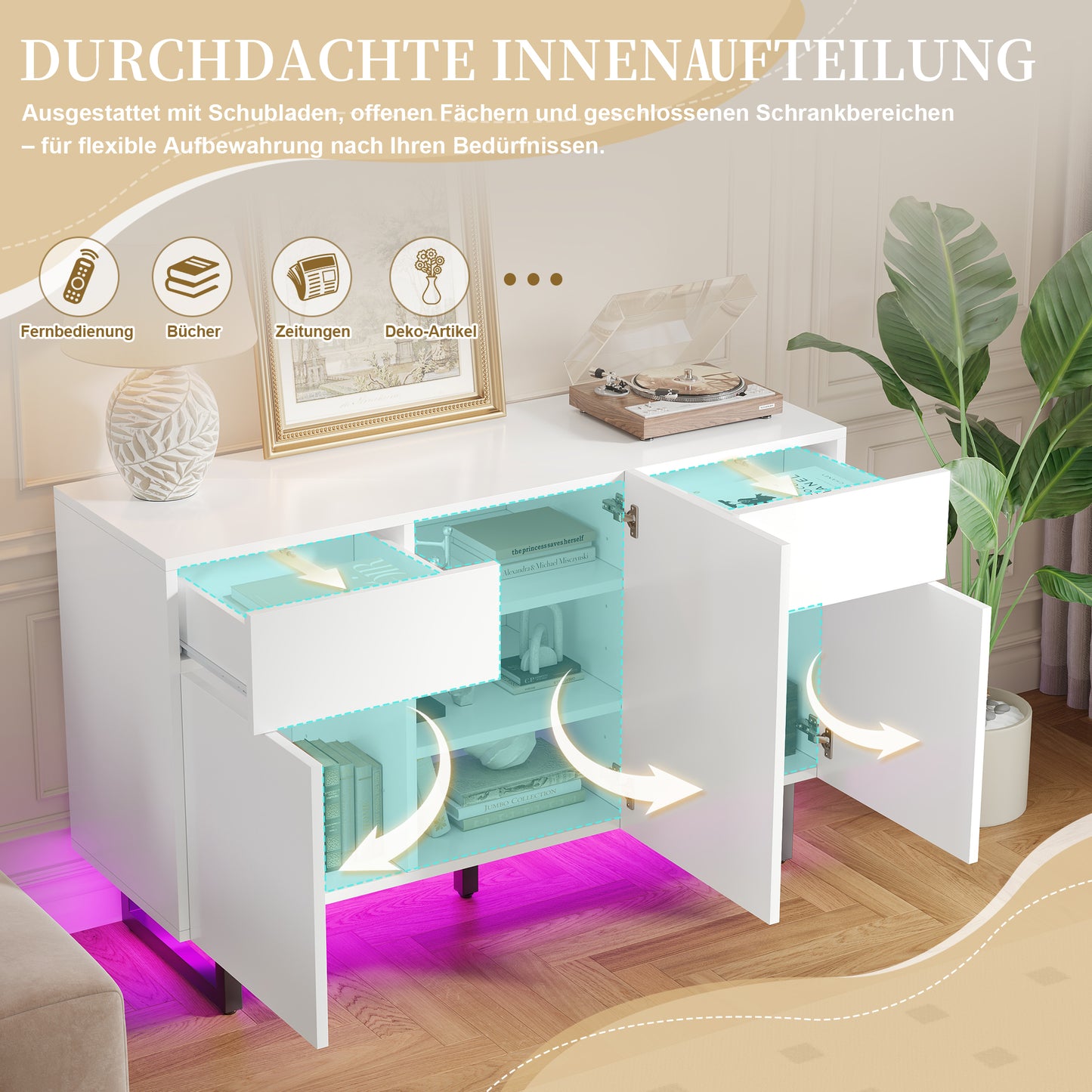 Modern Sideboard 120 Cm With Large Storage Space, Drawers & Doors  White With Black Handles & Metal Legs, Versatile In The Dining Room, Living Room Or Kitchen  Stylish, Practical & Stable.