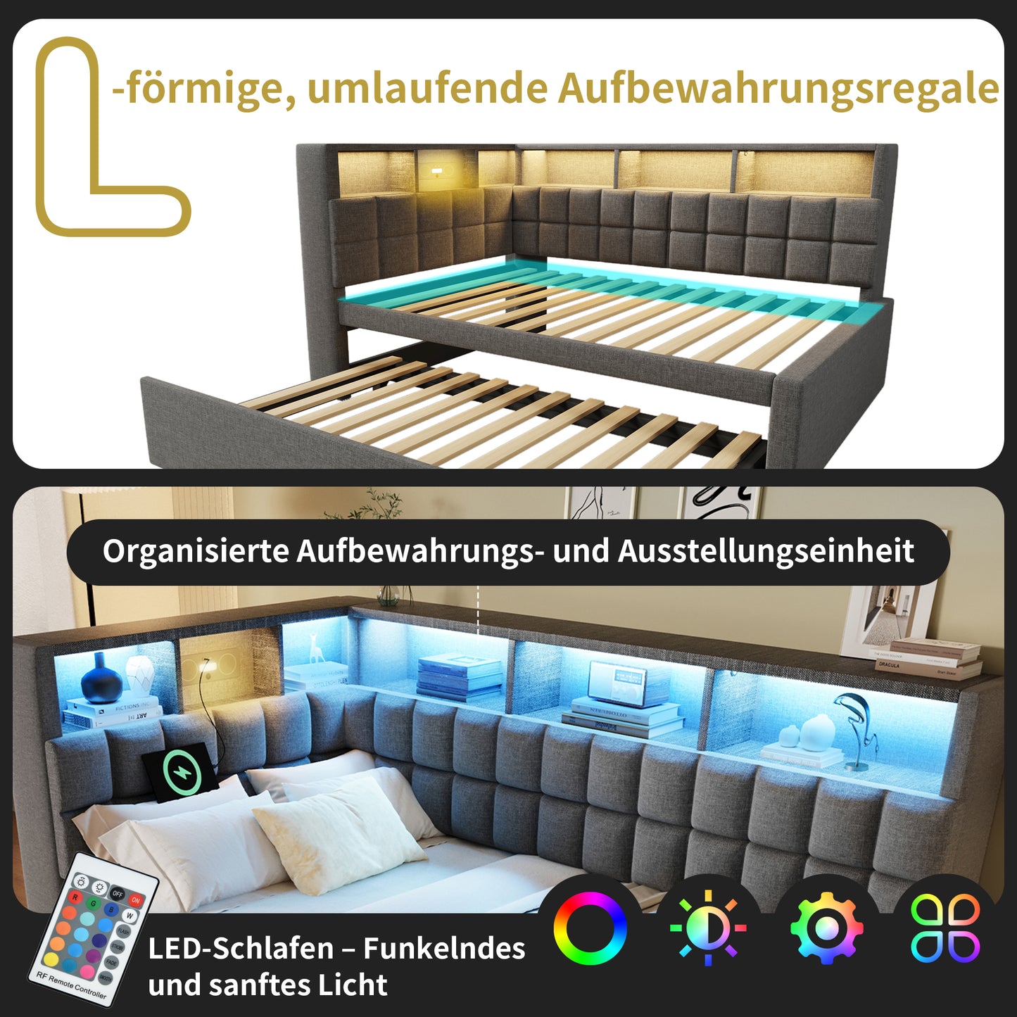 Linen Upholstered Bed 90x200 With Pull-out Bed 90x190, LED, Bluetooth Speaker, USB & Type-C Charging Port, L-headboard With Storage Shelf, Sofa Bed Guest Bed, Grey, Without Mattress