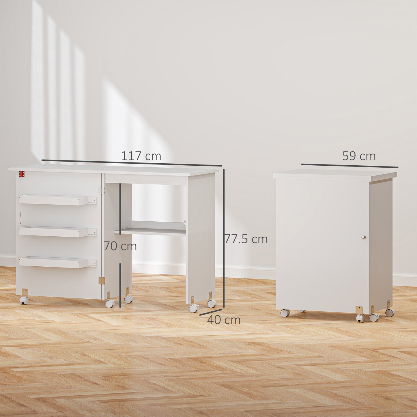 Folding Sewing Table, Drop Leaf Craft Table With Storage Bins, Open Shelf And Wheels, Rolling Sewing Machine Cabinet Computer Desk For Small Space, White
