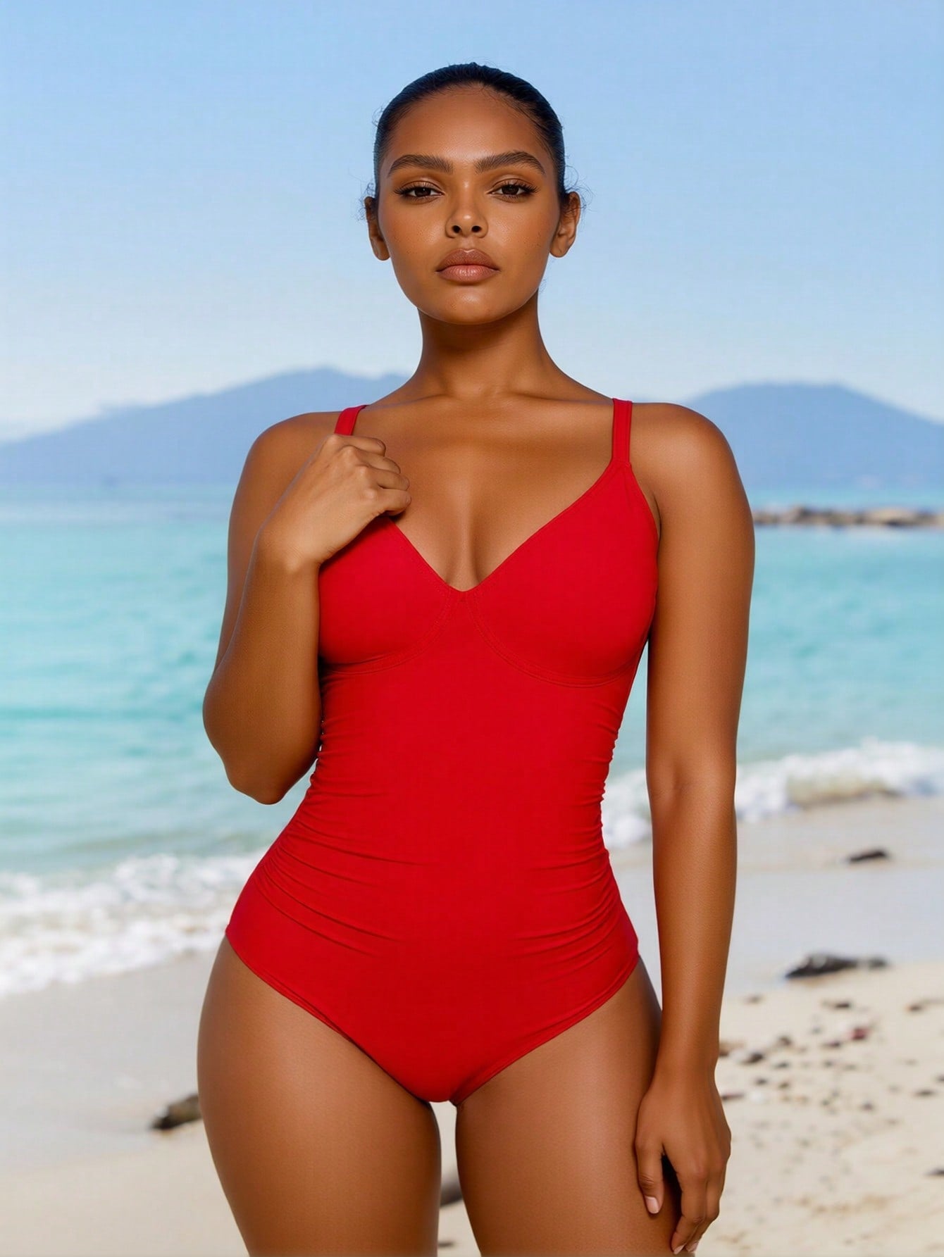 2026 New Women's One-Piece Swimsuit Vibrant Red With Deep V-Neck, Ruched Tummy Control And Thin Shoulder Straps
