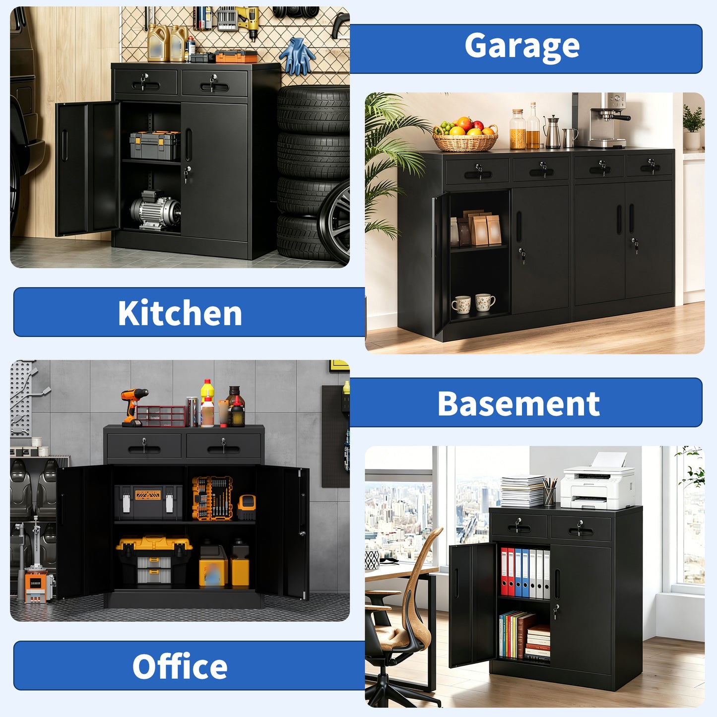 Metal Storage Cabinet With Lock And Two Drawers, 2-Door Office Storage Cabinet With 1 Adjustable Shelves, Heavy Duty Steel File Cabinet For Home, Office, Garage, School  Black, 35.5 H