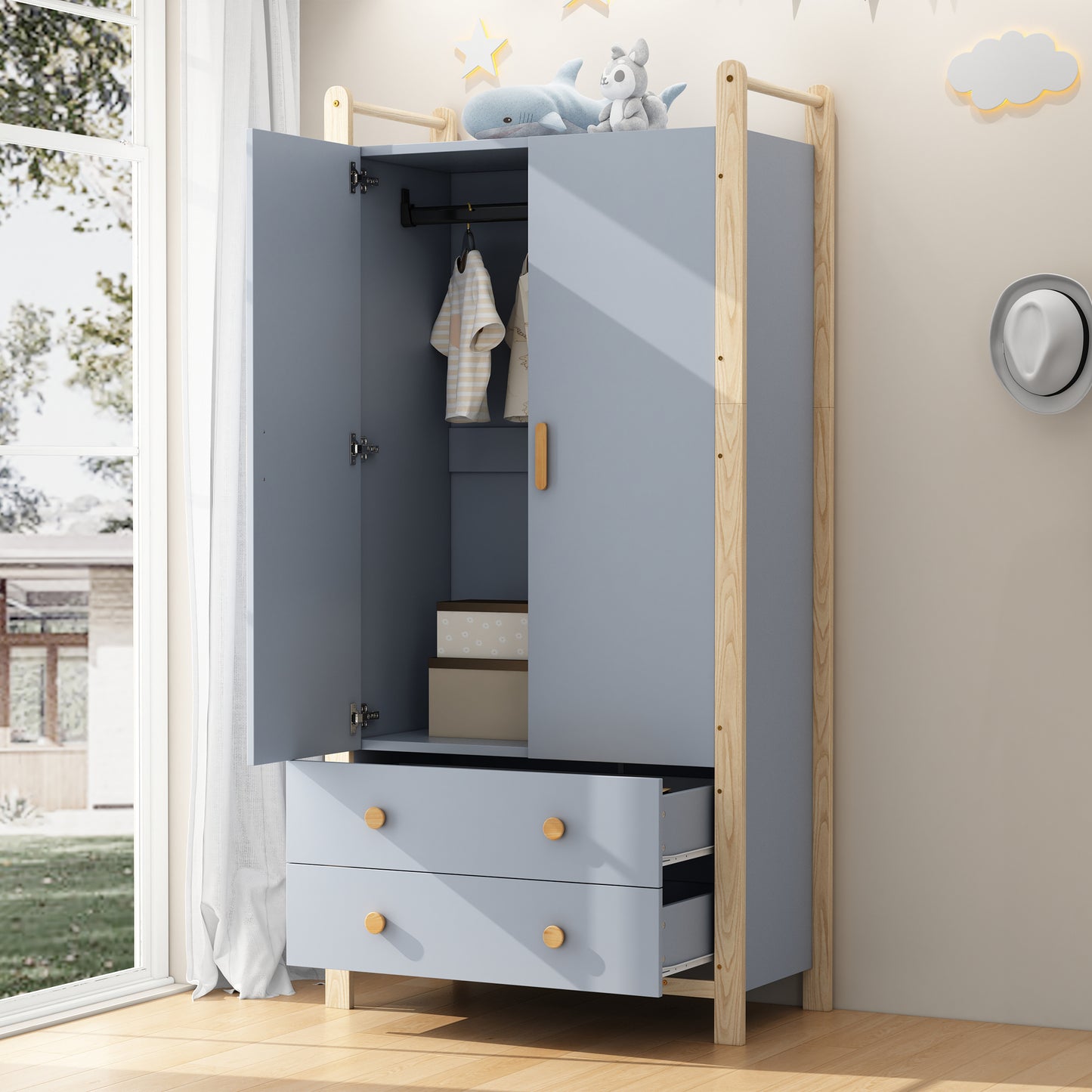 2-door Wardrobe, Wardrobe With Clothes Rail, 2 Drawers, Suitable For Bedroom, Living Room, Hallway Wardrobe, Made Of Chipboard, Blue Body  Pine Frame, 90X45X180cm