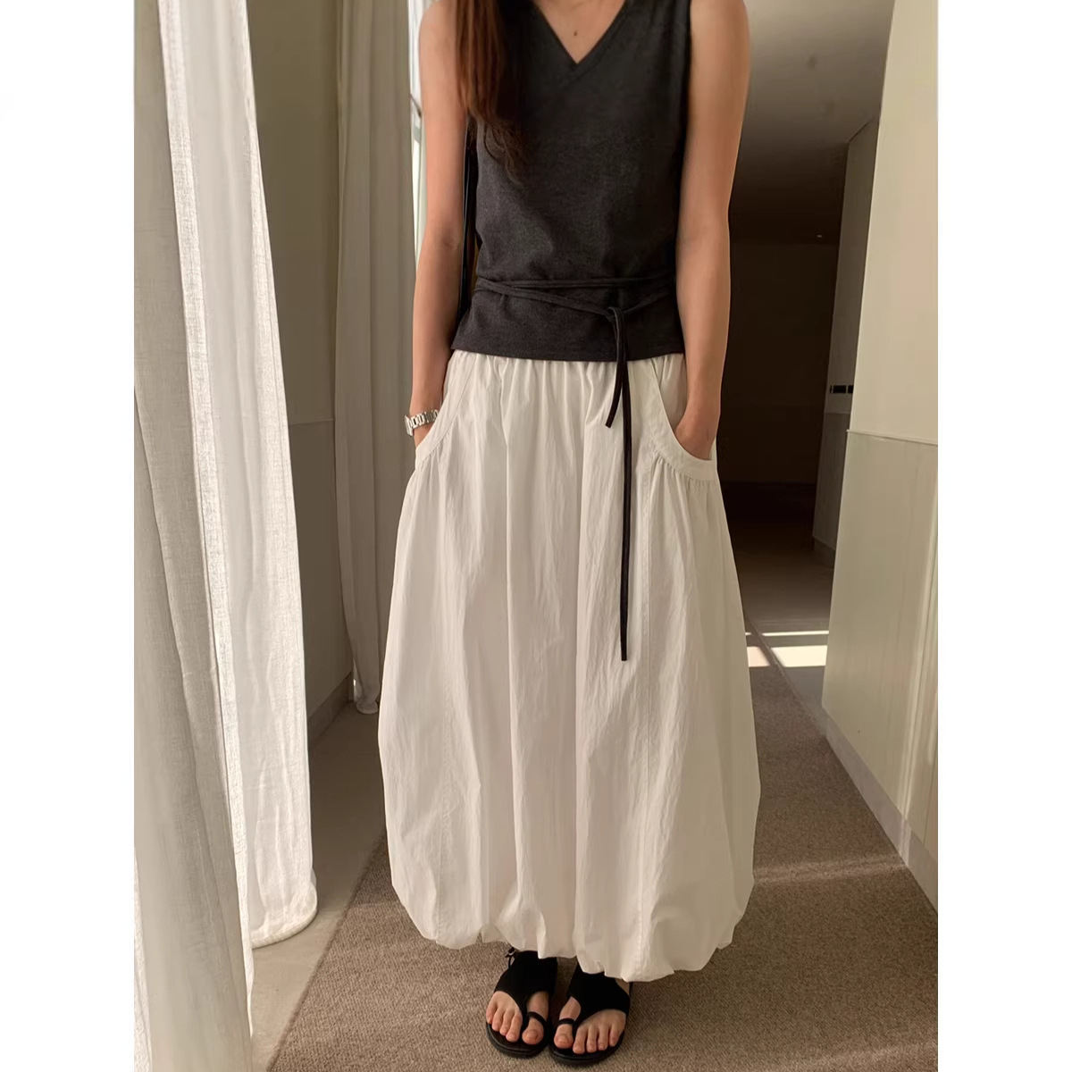 Korean-style Elastic-waist Designer A-line Bloom Versatile Midi Skirt