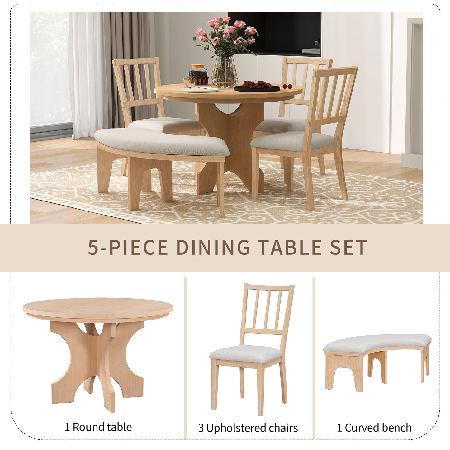 TREXM 5-piece Rustic Charm Round Dining Set With 3 Upholstered Chairs And Curved Bench For Dining Room  Kitchen And Living Room  Natural
