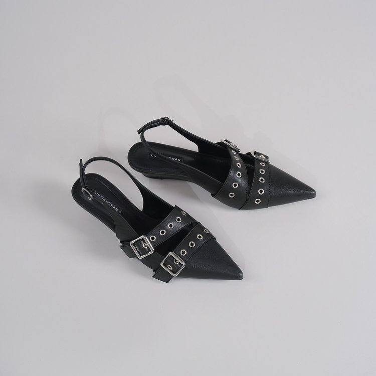Women Pointed Toe High Heel Mules, Belt Buckle Closed Toe Slide Sandals, Vintage Backless Pumps For Outdoor Wear