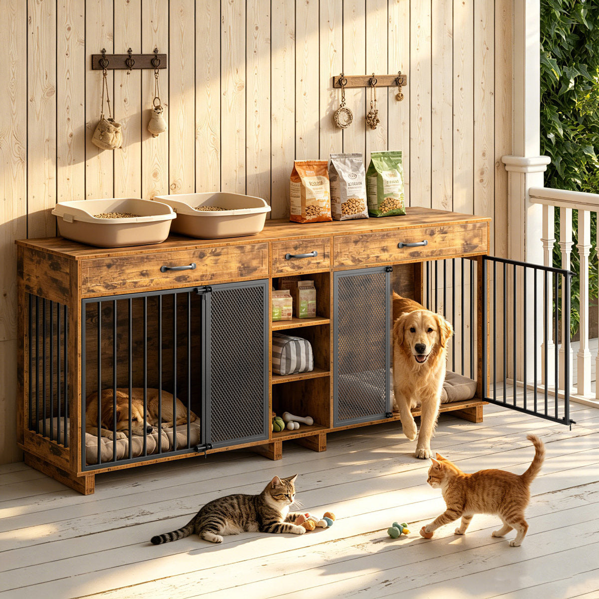 Large Wooden Dog Crate Furniture, Multi-Functional Pet Cage Cabinet with Storage