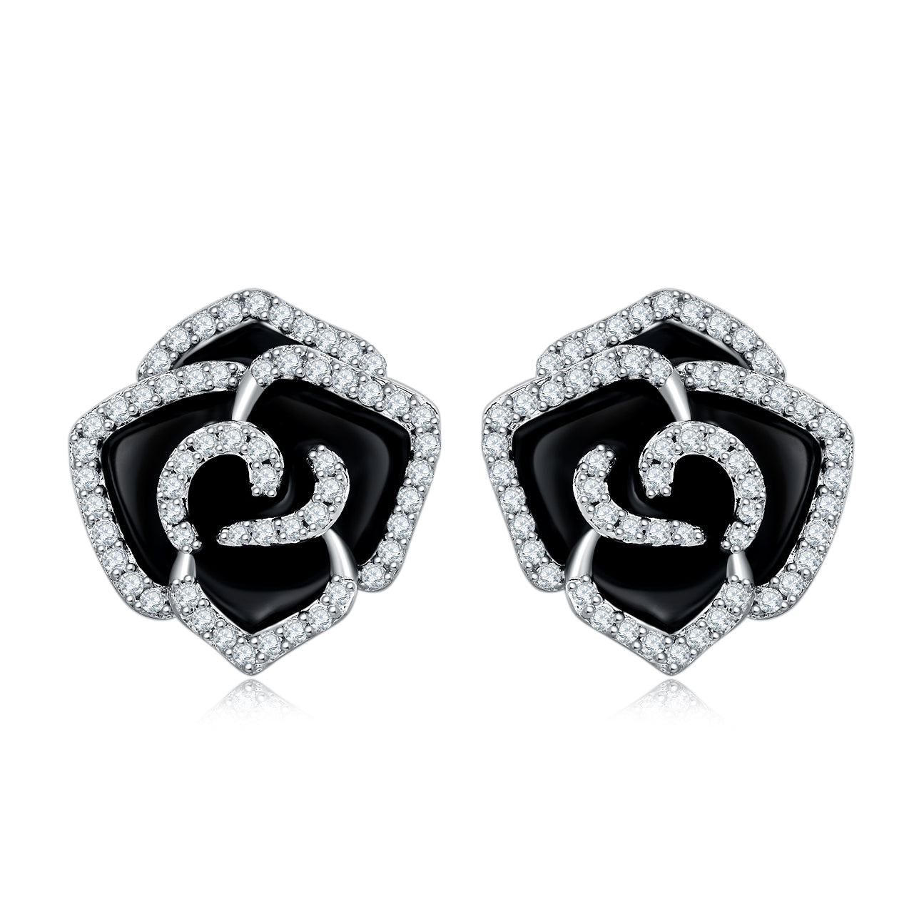 S925 Sterling Silver Black Enamel Rose Stud Earrings, D-VVS1 Moissanite Pave Outline, Platinum Plated 5.2g Elegant Women's Gift Box