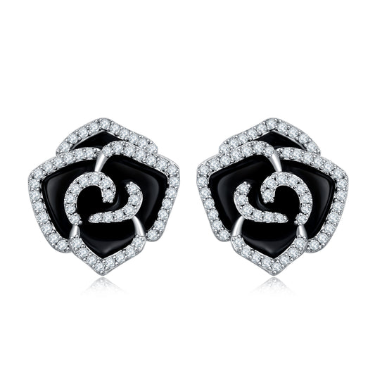S925 Sterling Silver Black Enamel Rose Stud Earrings, D-VVS1 Moissanite Pave Outline, Platinum Plated 5.2g Elegant Women's Gift Box