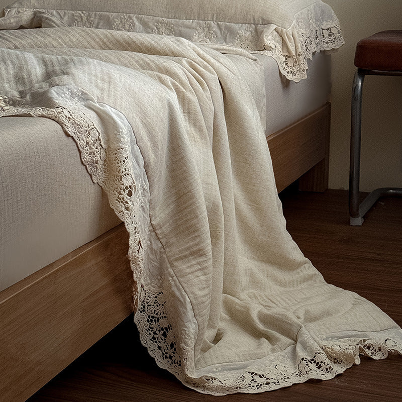 French Herringbone Jacquard Cotton-linen Double Bed Washable Summer Cooling Quilt With Lace Trim