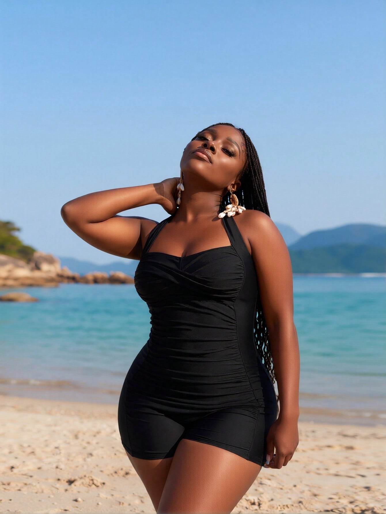2026 New Women's Swimdress Black With Halter Neck, Ruched Tummy Control, Flared Skirt Hem And Boyleg Bottoms