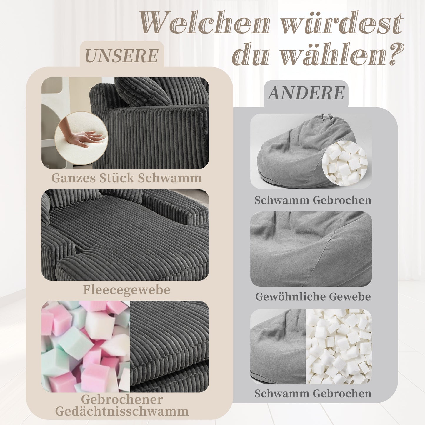 Modern Corduroy Sofa Bed Cloud Couch With 3 Soft Cushions, Comfortable Single Seat Floor Sofa For Living Room Apartment Office  Dark Grey