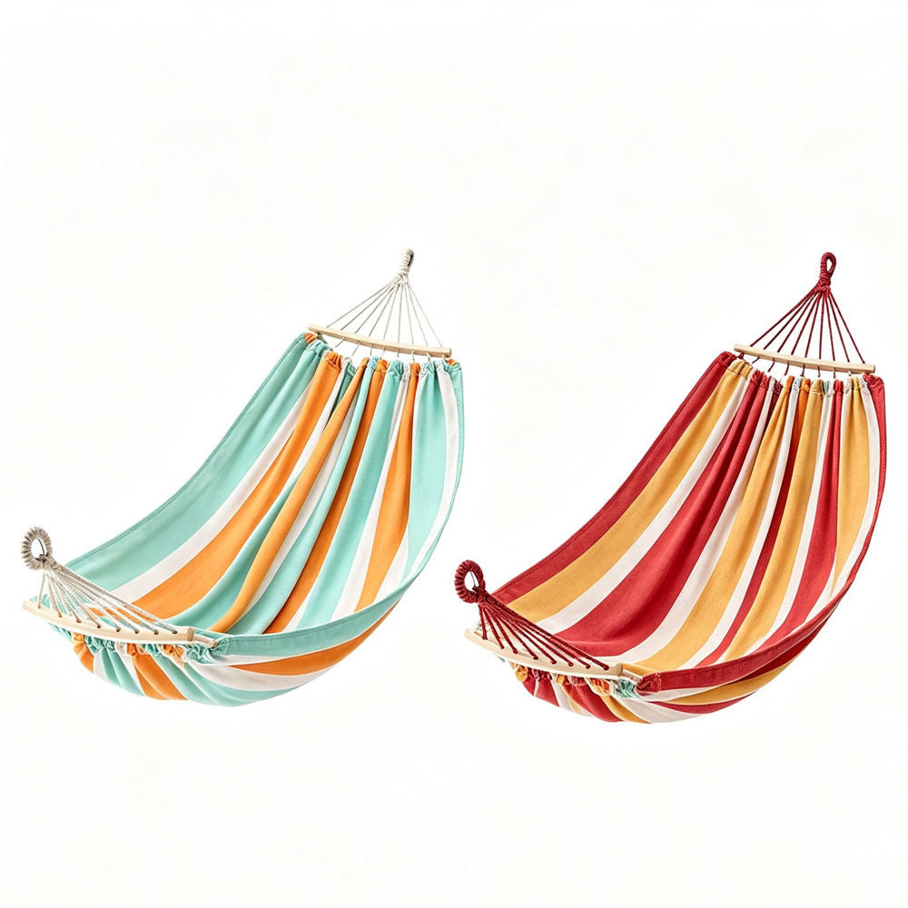 Portable Single Hammock With Wooden Spreader Bar, Canvas Striped Hammock For Outdoor Patio Garden Camping, 2 Color Options, Max Load 500LBS