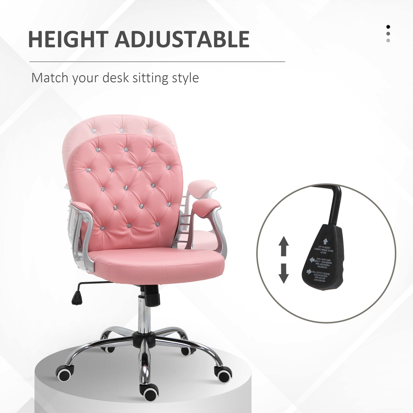 Makeup Vanity Chair, PU Leather Computer Task Chair with Button Tufted, Padded Armrests, Adjustable Height and Swivel Wheels, Pink