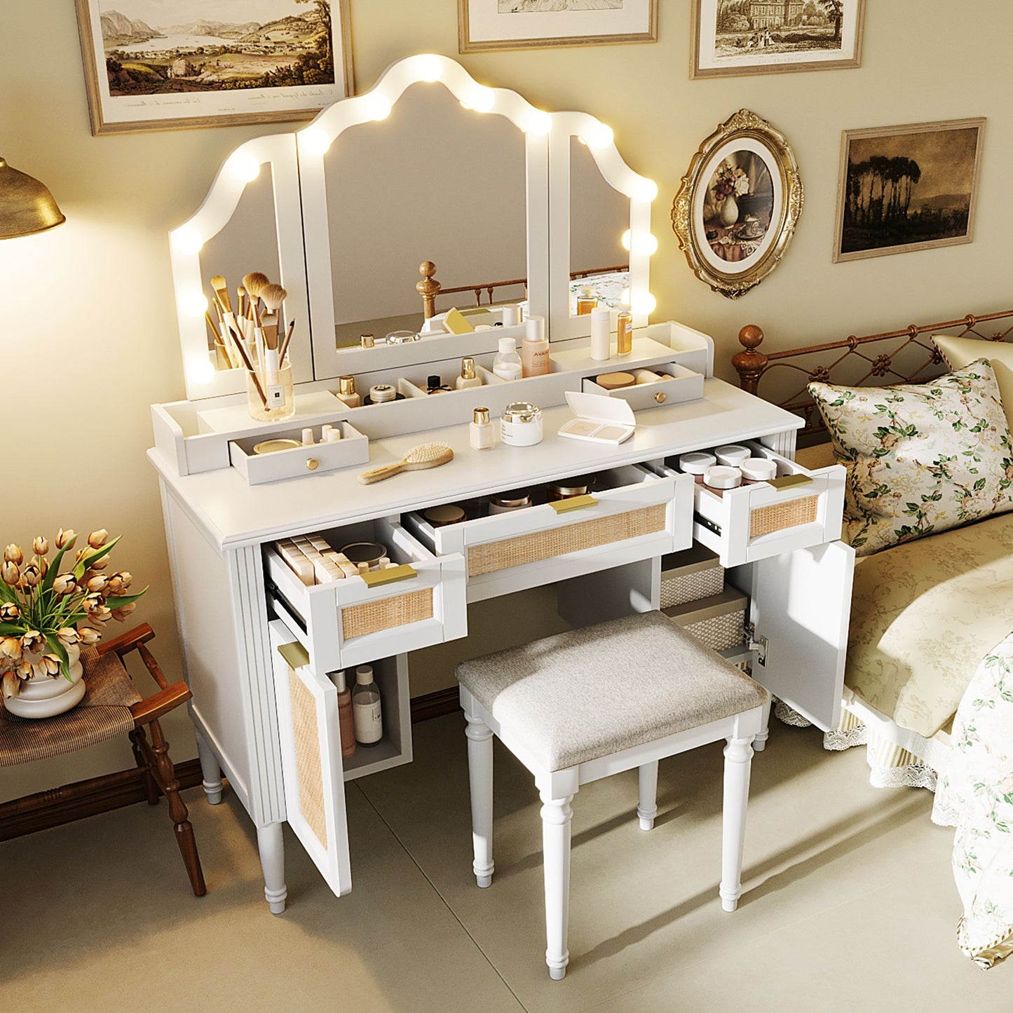44.37  Makeup Vanity Desk With 13 Hollywood Bulbs And 3 Lighting Modes, Dressing Table With Tri-Fold Mirror   Large Vanity Table With 5 Drawers And Shelves And  Charging Station For Bedroom, White