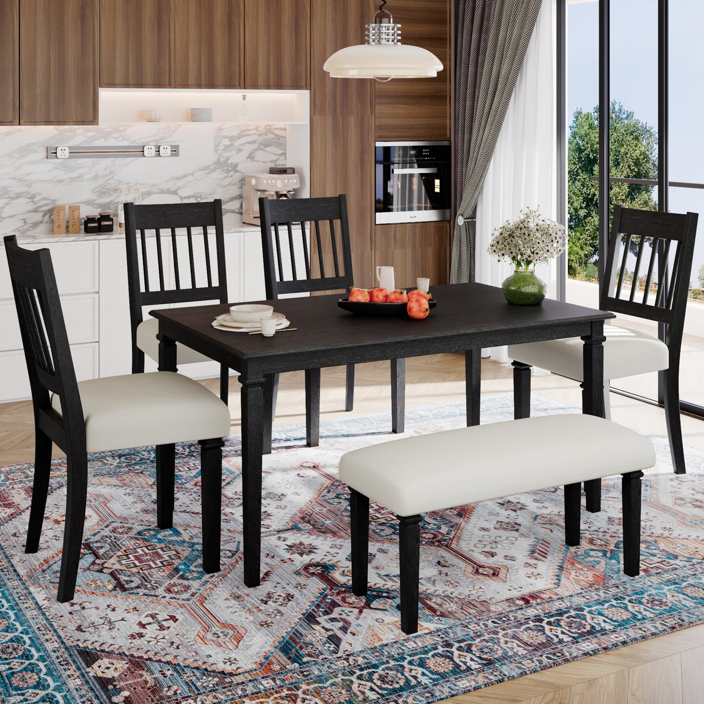 6-Piece Retro Dining Room Set, Classic Kitchen Furniture Set, Wooden Rectangular Table And 4 Chairs With Bench For Kitchen & Dining Room, Easy Assembly, Space Saving, DOVETAIL GREY  N752S000031
