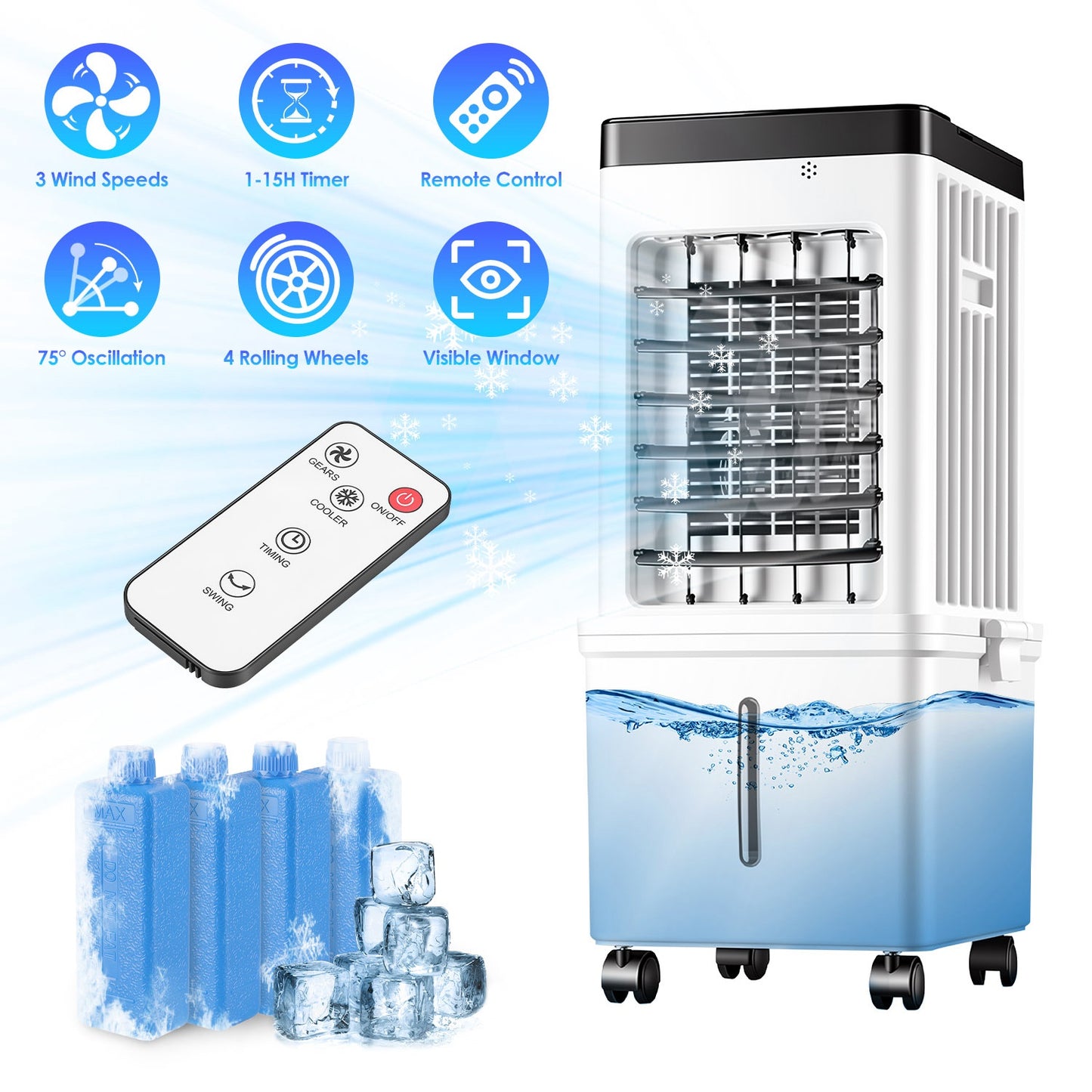 Portable Air Cooler Fan 12L Evaporative Air Conditioner With 3-Speed Dual Water Tank Touch & Remote Control 4 Wheels 4 Ice Packs Oscillation 15H Timer Visible Window For Bedroom Office Home