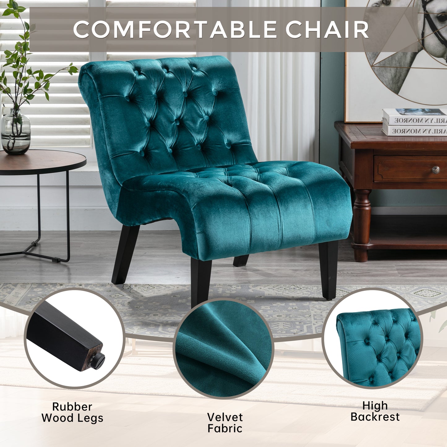 COOLMORE Modern Velvet Armless Accent Living Room Chair   Leisure Chair,Upholstered Fabric Button Comfortable Chair With Wooden Legs For Bedroom, Living Room, Office  Teal Velvet