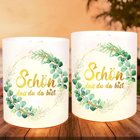 12-Pack Lantern Table Decor “So Glad You're Here” Green Eucalyptus Table Decor For Weddings, Baptisms,Youth Initiation Ceremonies,First Communion,Birthdays—Luminarias, Photo Booth Props, Party Gifts